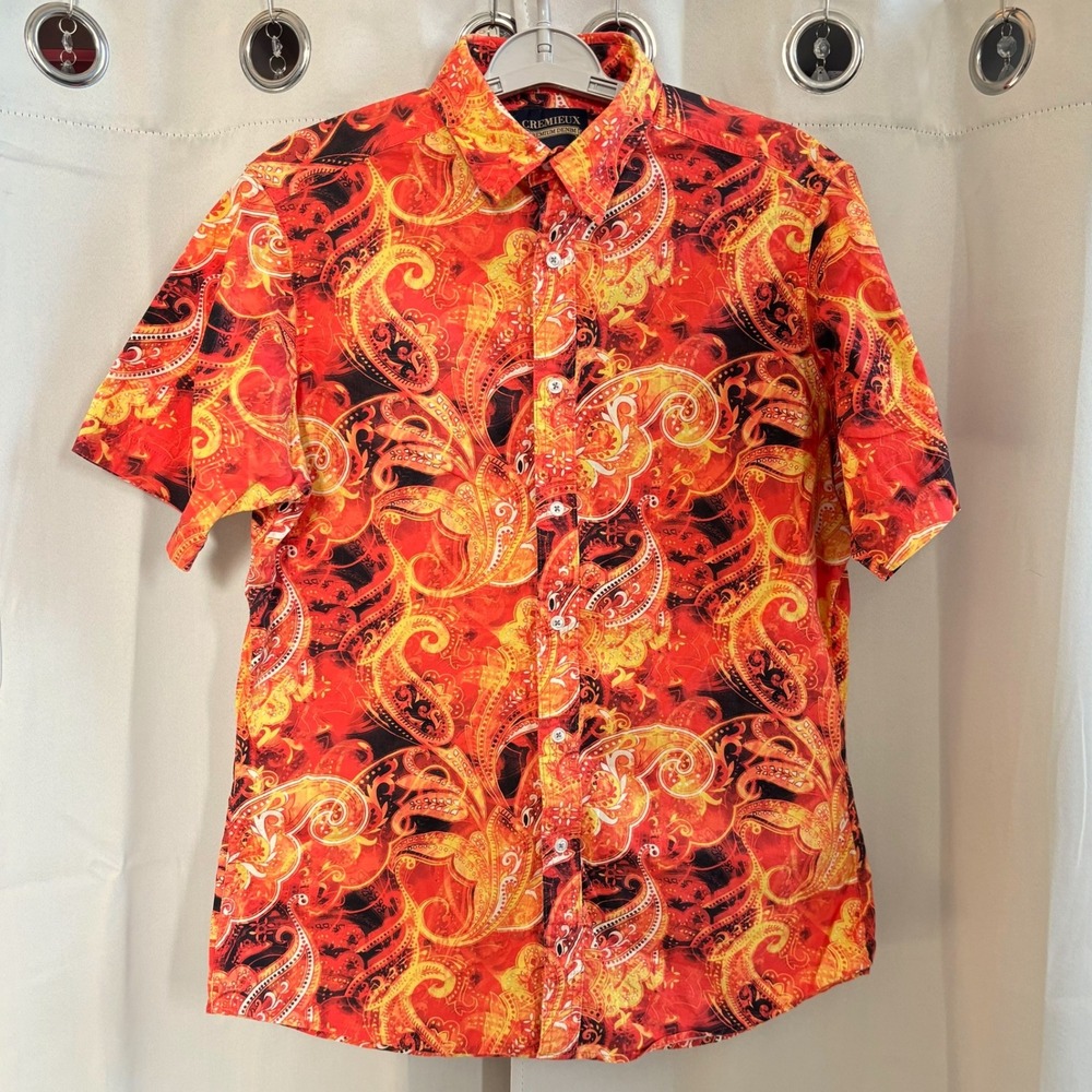 CREMIEUX Men Retro Button Up Shirt Paisley Large Funky Y2K Vacation Resort 19507